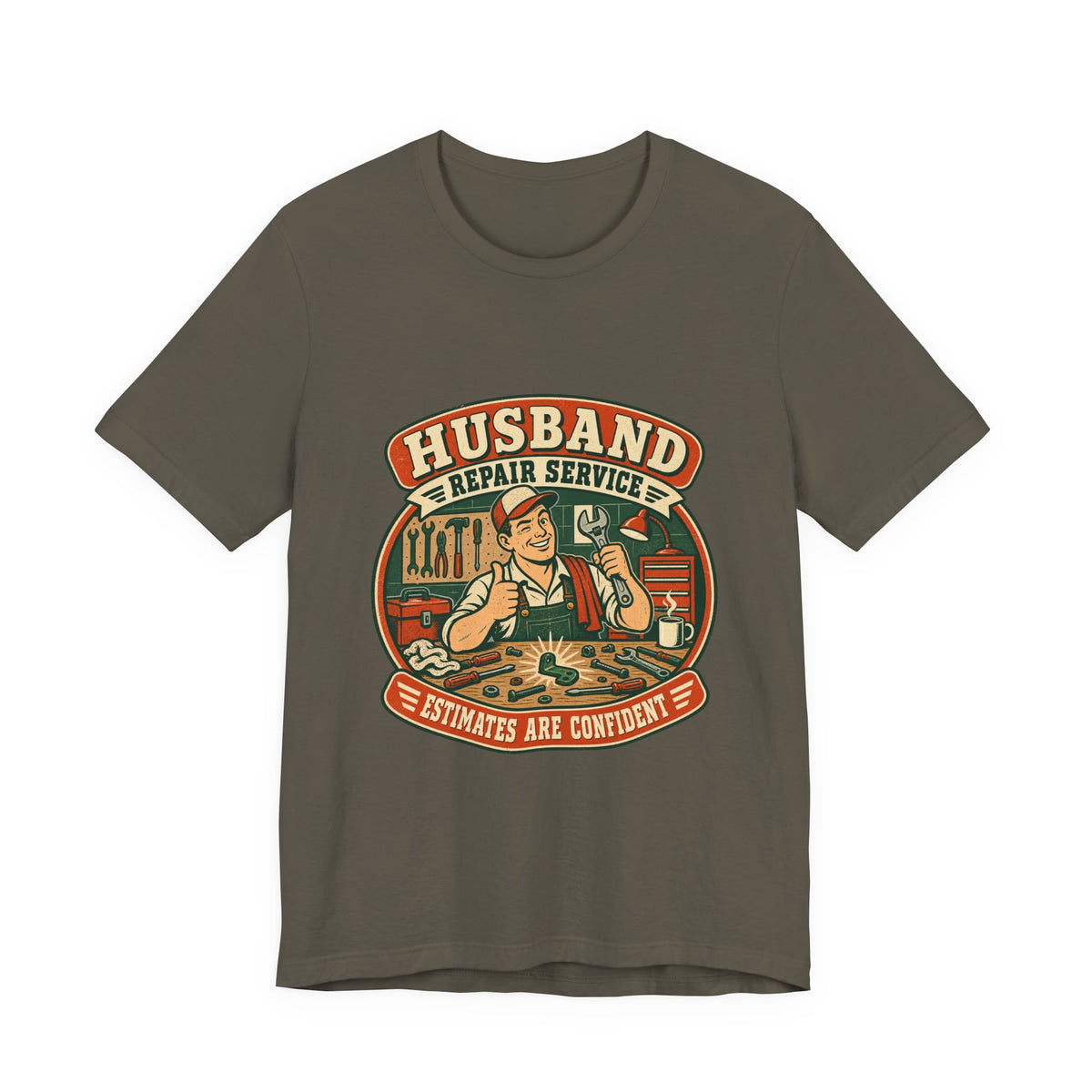 Husband Repair Service Vintage Mechanic T-Shirt — Estimates Are Confident Funny Husband Humor Tee