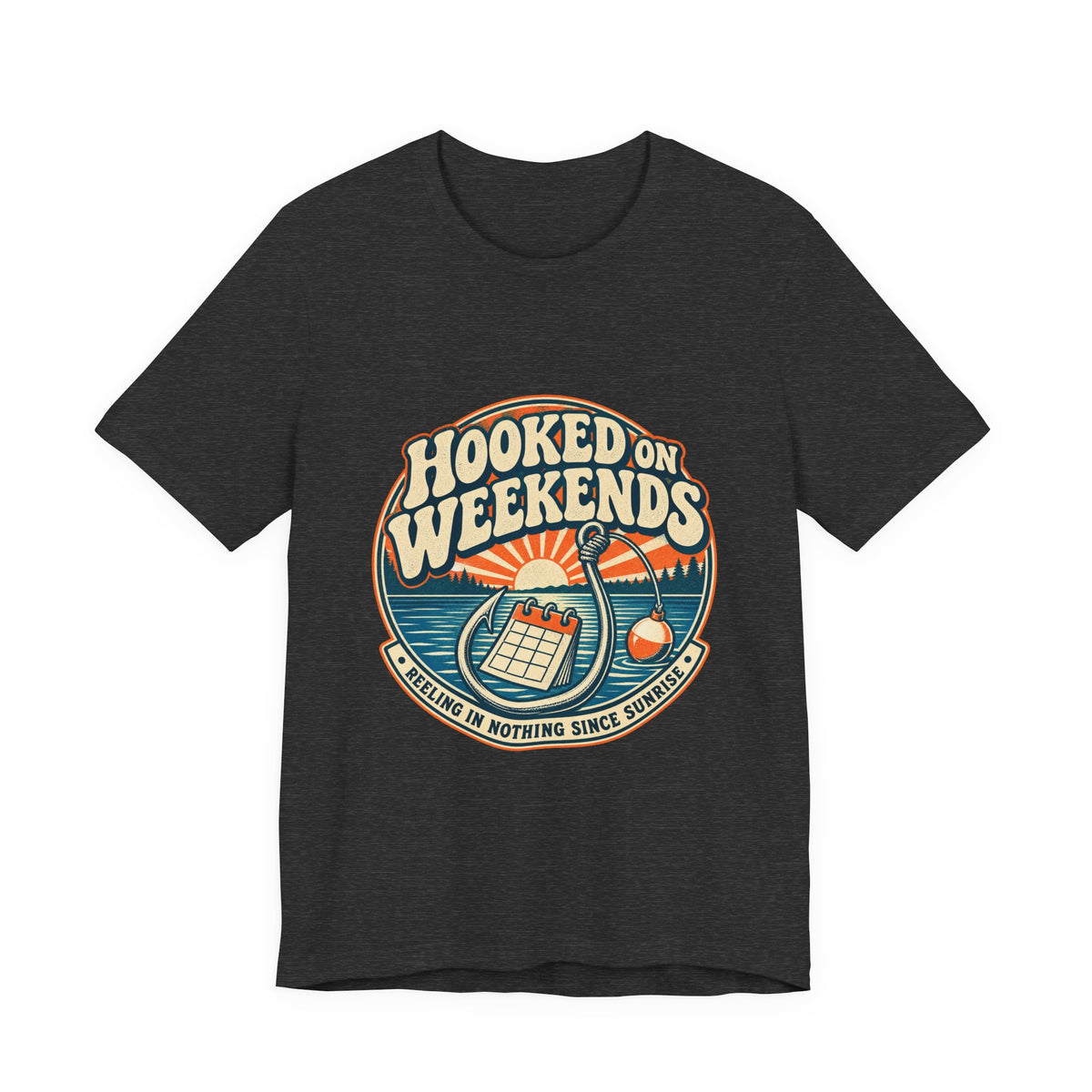 Hooked on Weekends Fishing T-Shirt — Vintage Lake Reel & Sunrise Tee