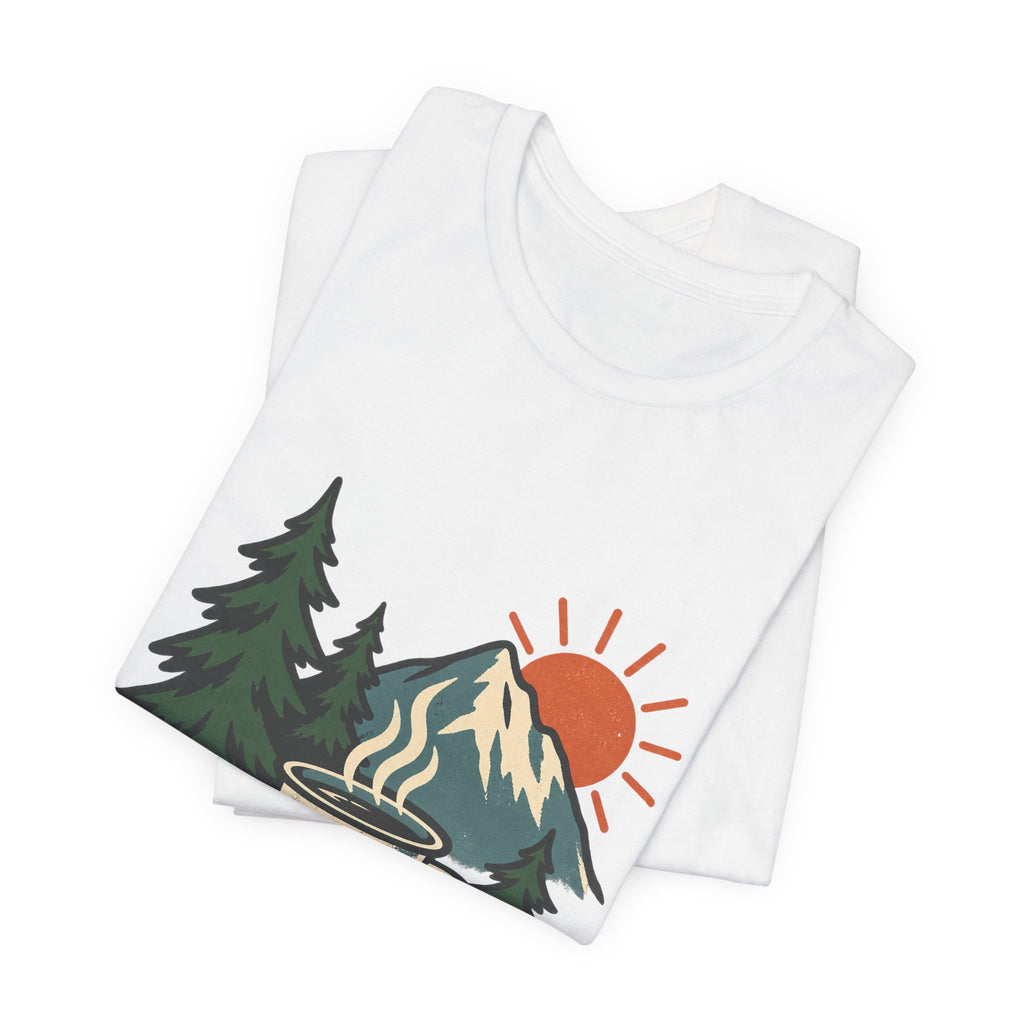 Vintage Camping Coffee Mug T-Shirt — Mountain Sunrise Outdoor Coffee Lover Tee
