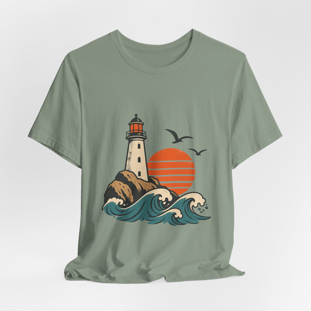 Vintage Coastal Lighthouse Sunset T-Shirt — Ocean Waves, Seagulls & Seaside Adventure