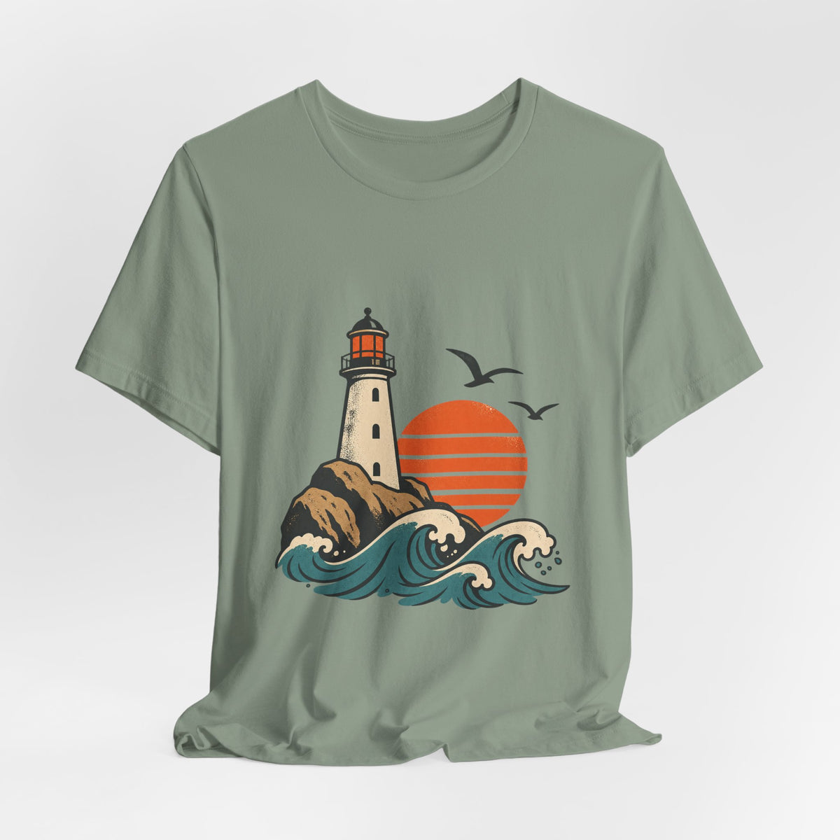 Vintage Coastal Lighthouse Sunset T-Shirt — Ocean Waves, Seagulls & Seaside Adventure