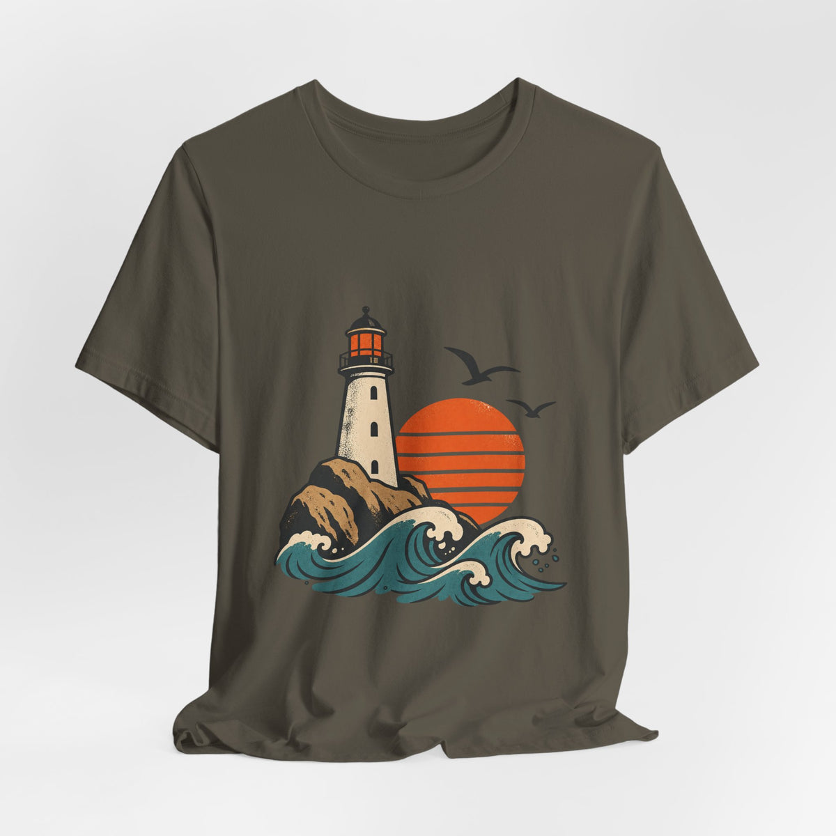 Vintage Coastal Lighthouse Sunset T-Shirt — Ocean Waves, Seagulls & Seaside Adventure
