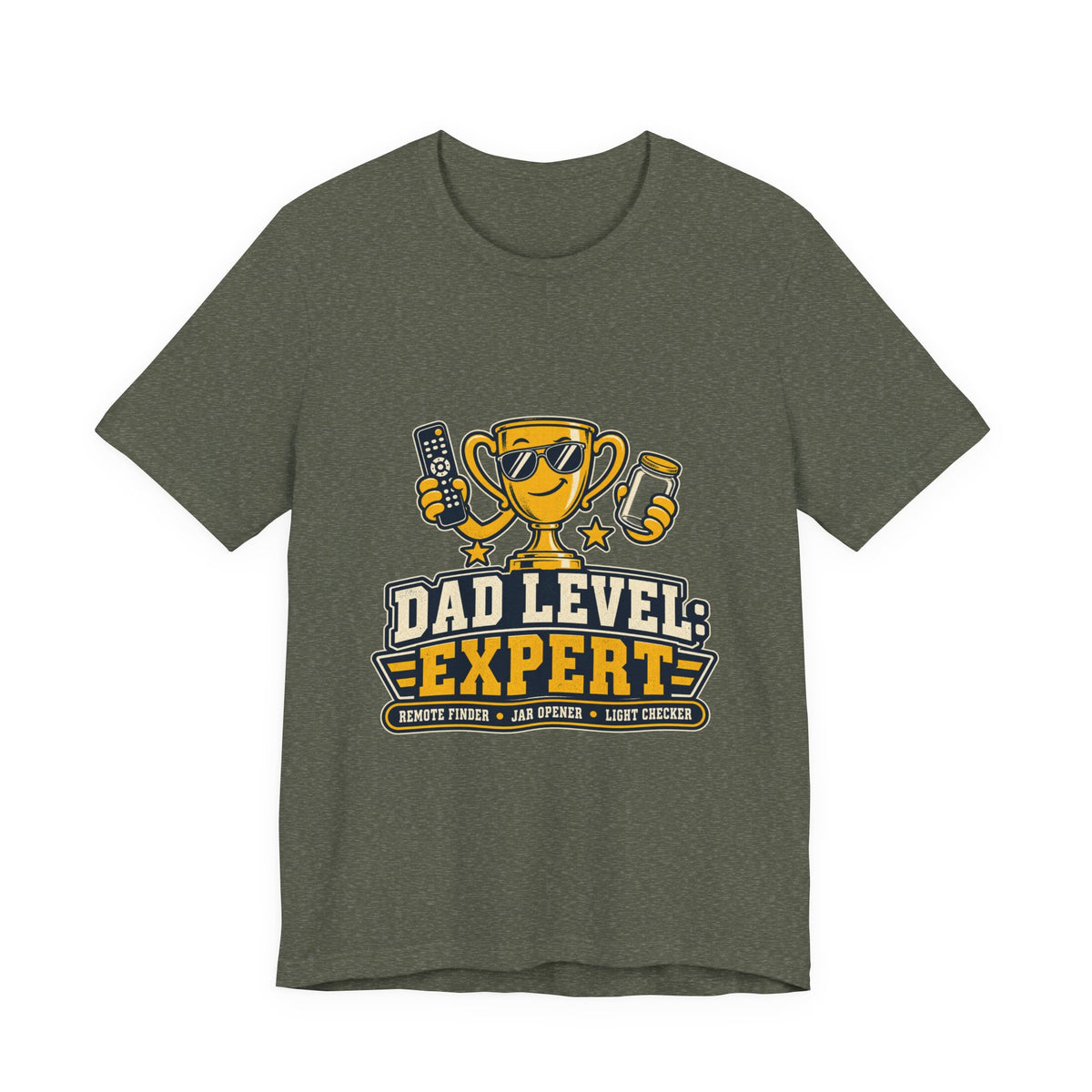 Dad Level Expert T-Shirt — Funny Trophy Dad Gift with Remote Finder, Jar Opener & Light Checker