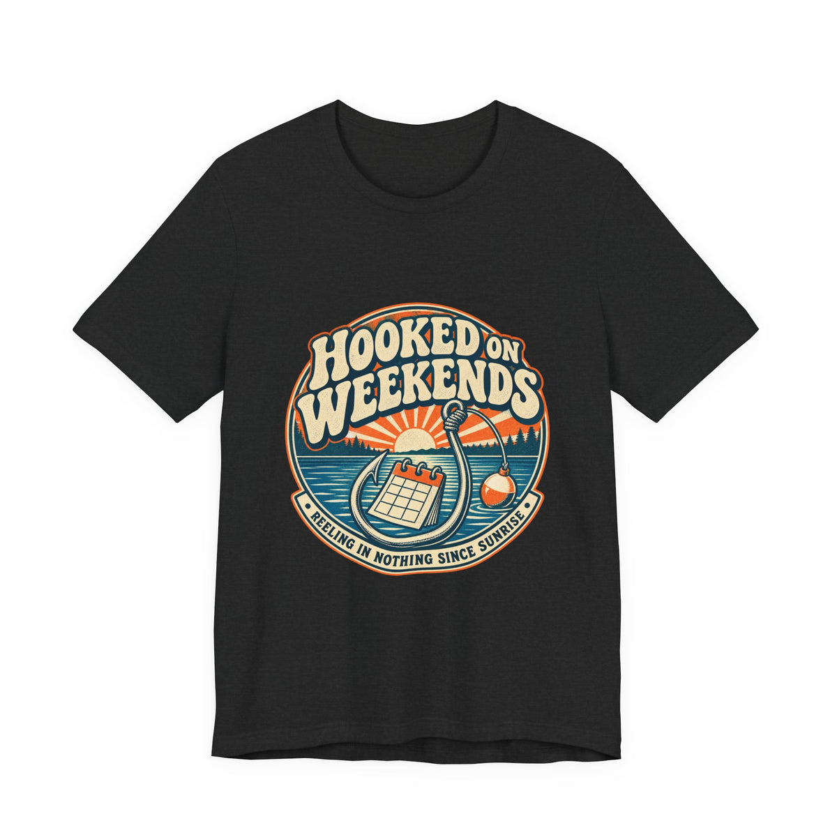 Hooked on Weekends Fishing T-Shirt — Vintage Lake Reel & Sunrise Tee