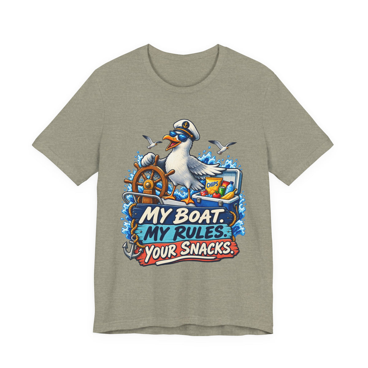 My Boat My Rules Your Snacks T-Shirt — Funny Nautical Seagull Captain Boating Tee