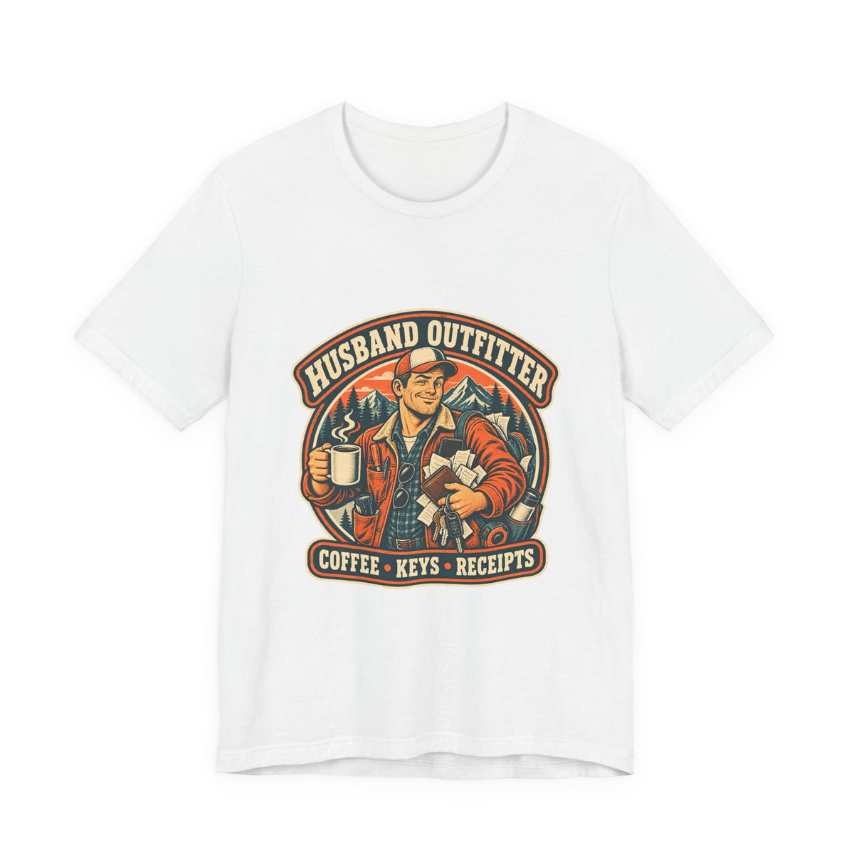 Husband Outfitter Coffee Keys Receipts T-Shirt — Retro Multitasker Husband Humor Tee