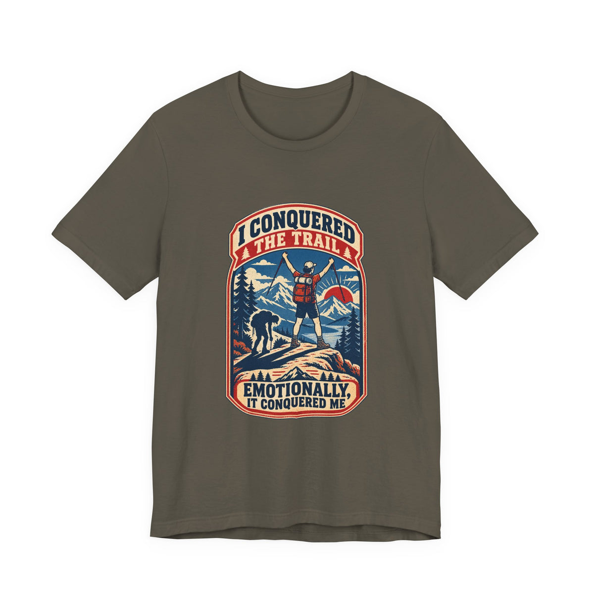 I Conquered the Trail T-Shirt — Funny Hiking Adventure Tee with Vintage Mountain Artwork