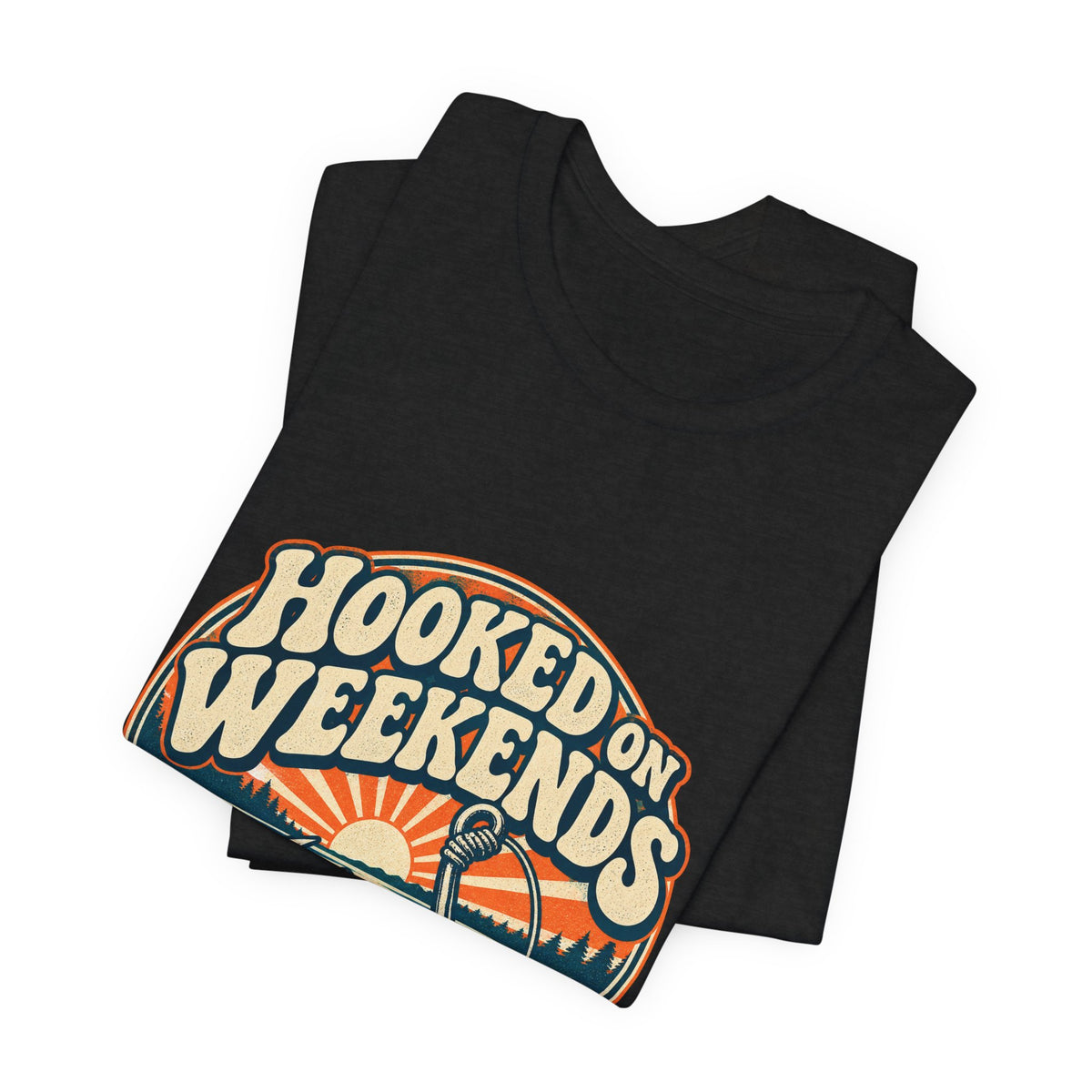 Hooked on Weekends Fishing T-Shirt — Vintage Lake Reel & Sunrise Tee