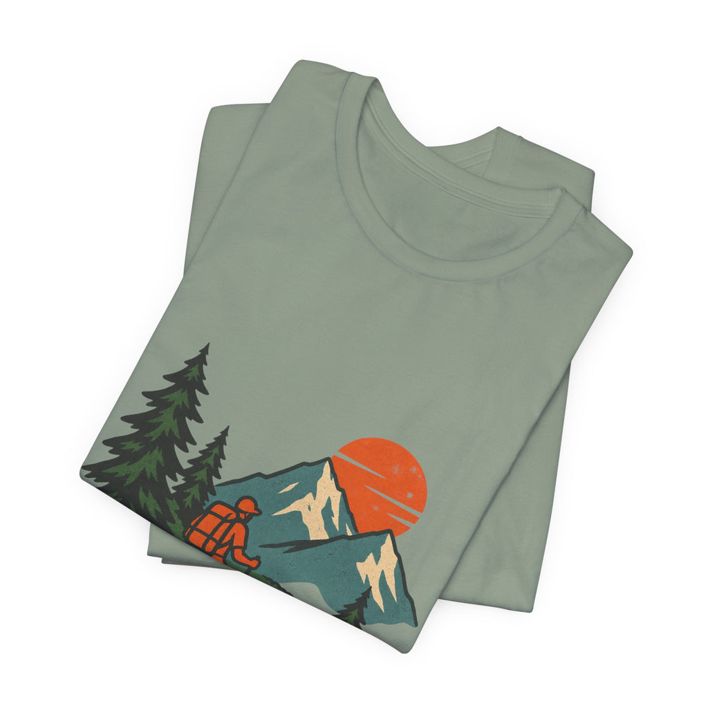 Retro Trail Hiker Mountain Sunset T-Shirt — Vintage Hiking Adventure Tee