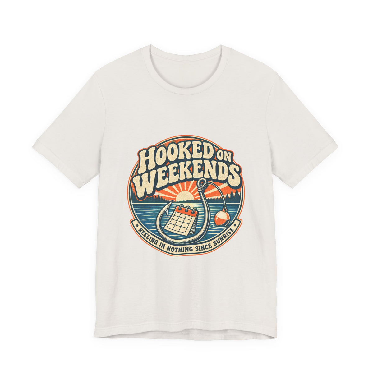 Hooked on Weekends Fishing T-Shirt — Vintage Lake Reel & Sunrise Tee