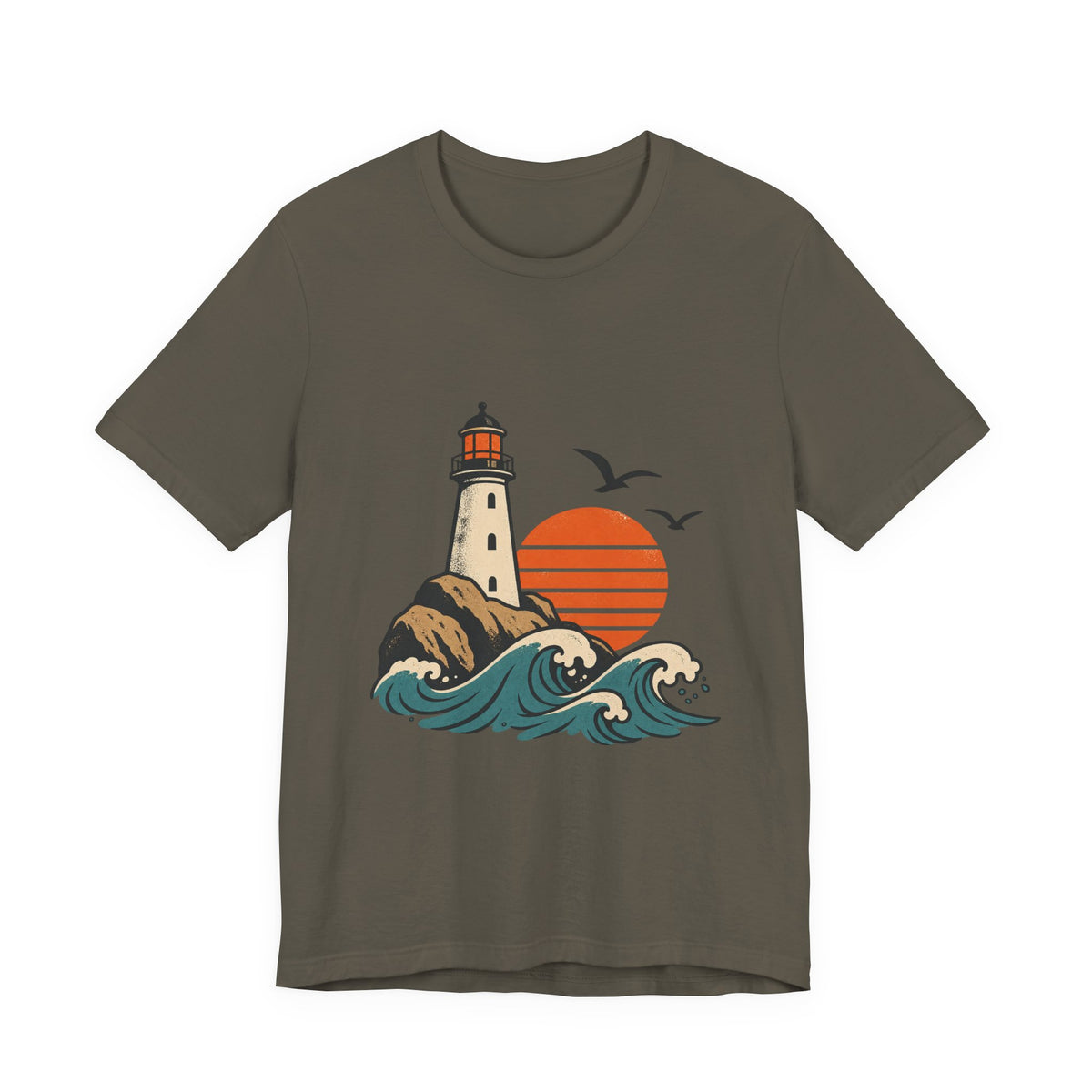 Vintage Coastal Lighthouse Sunset T-Shirt — Ocean Waves, Seagulls & Seaside Adventure