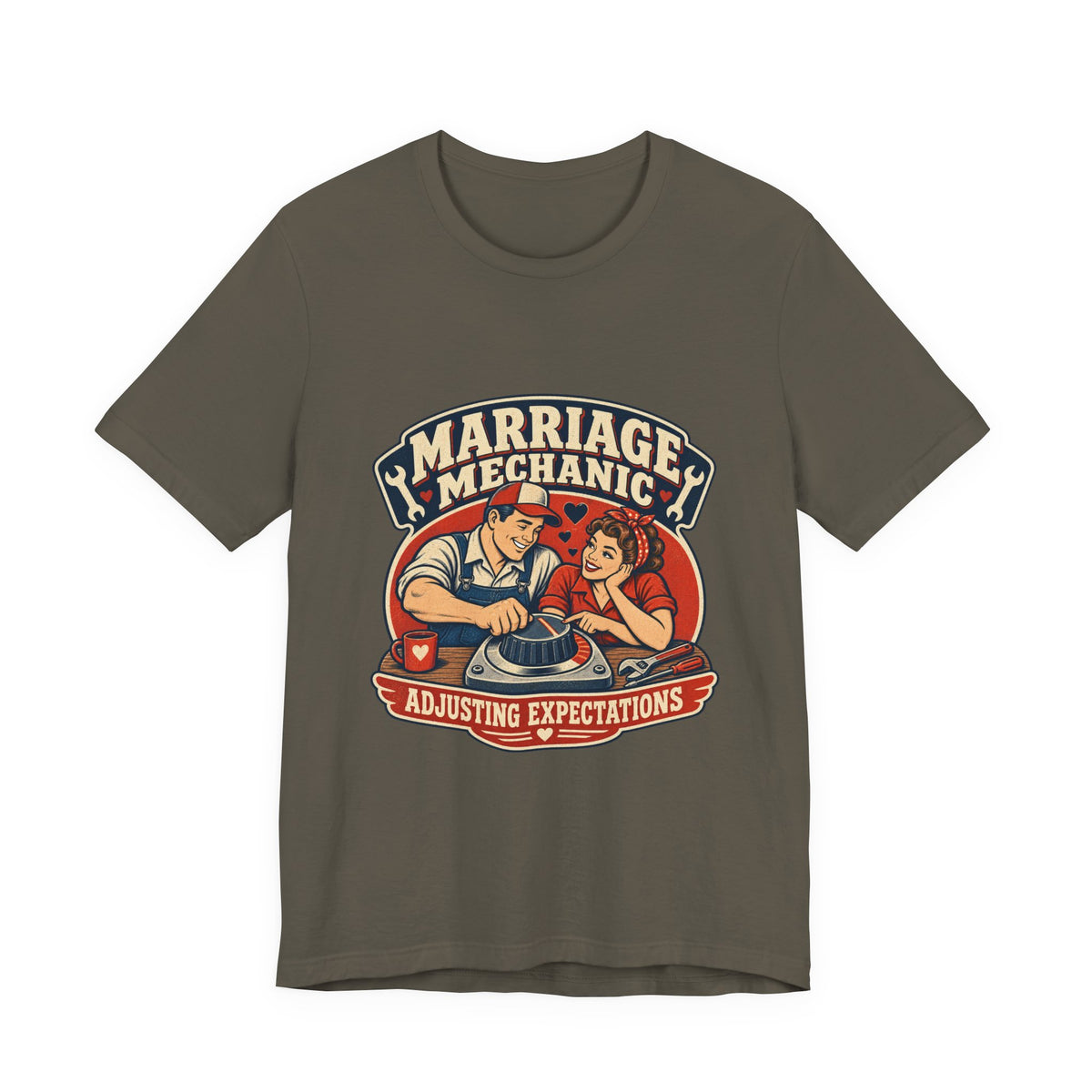 Marriage Mechanic Adjusting Expectations T-Shirt — Retro Couple Humor Tee