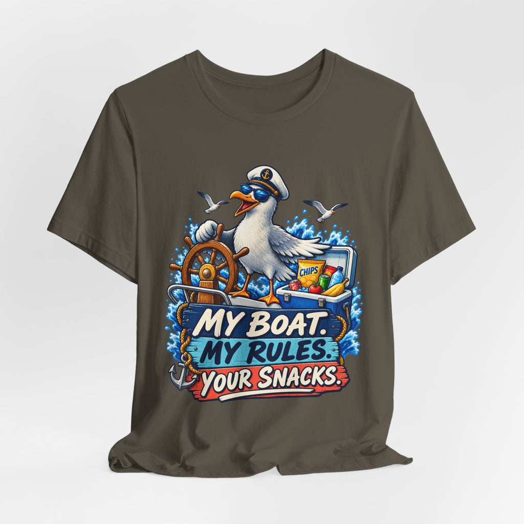 My Boat My Rules Your Snacks T-Shirt — Funny Nautical Seagull Captain Boating Tee