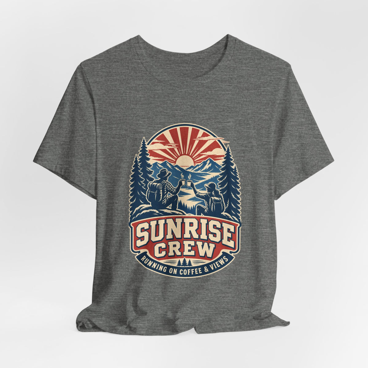 Sunrise Crew Hiking Tee — Running on Coffee & Views Vintage Mountain Shirt