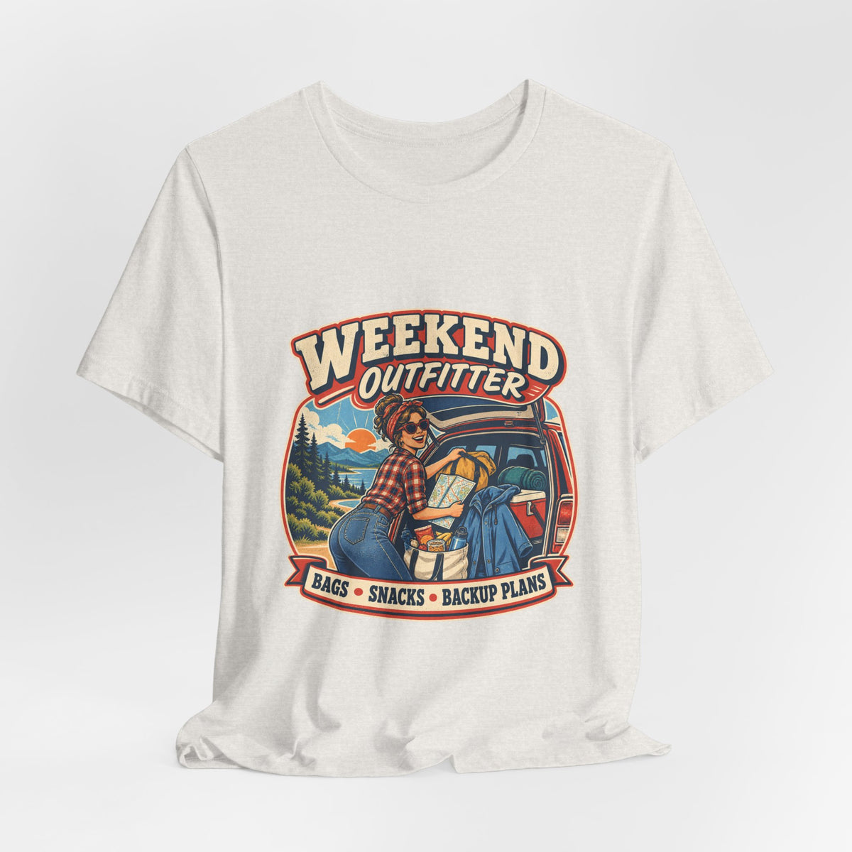 Weekend Outfitter Vintage Adventure T-Shirt — Bags Snacks Backup Plans Retro Road Trip Tee
