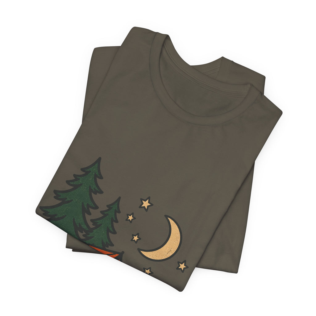 Vintage Camping Night T-Shirt with Tent, Campfire, Pine Trees, Moon and Stars
