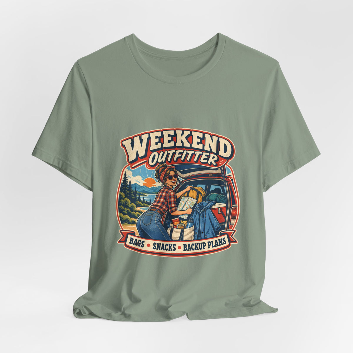 Weekend Outfitter Vintage Adventure T-Shirt — Bags Snacks Backup Plans Retro Road Trip Tee