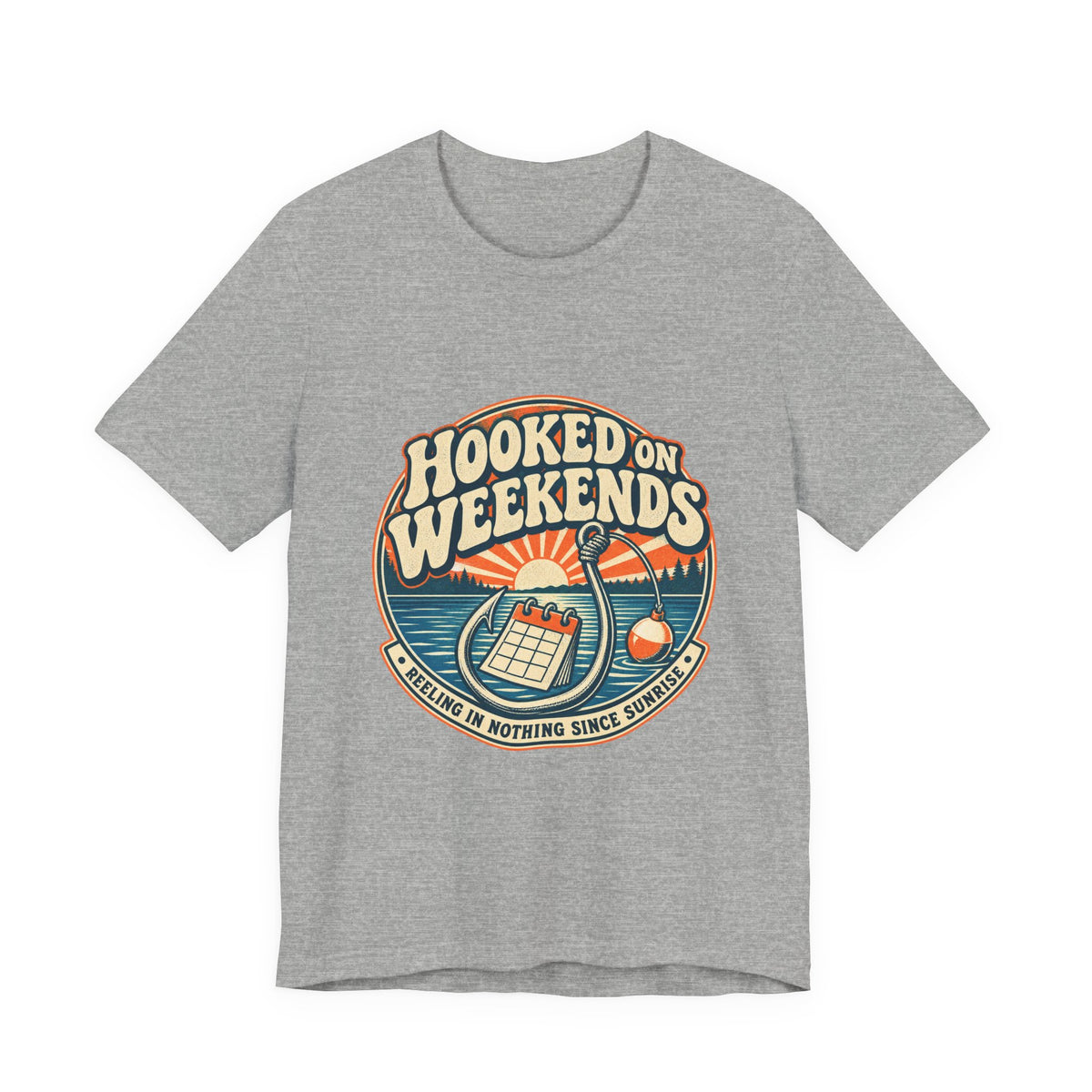 Hooked on Weekends Fishing T-Shirt — Vintage Lake Reel & Sunrise Tee
