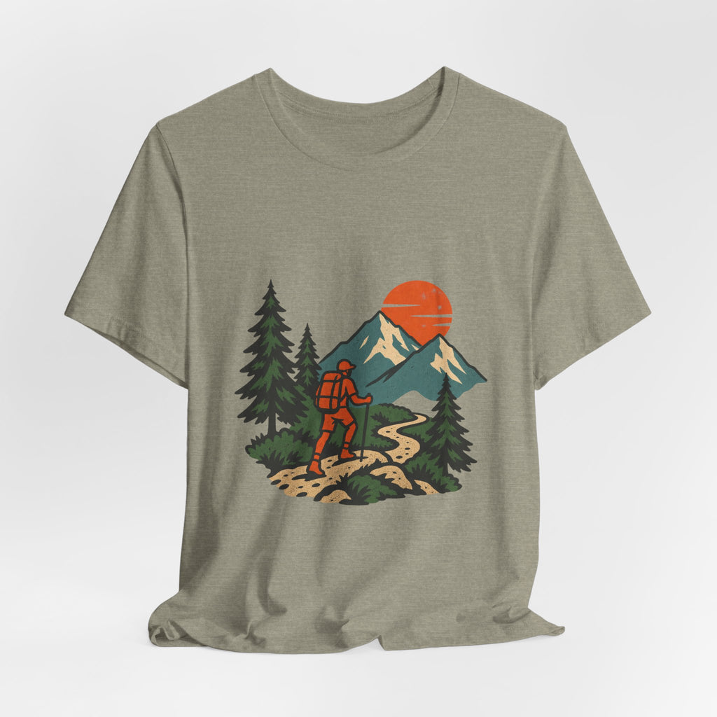 Retro Trail Hiker Mountain Sunset T-Shirt — Vintage Hiking Adventure Tee