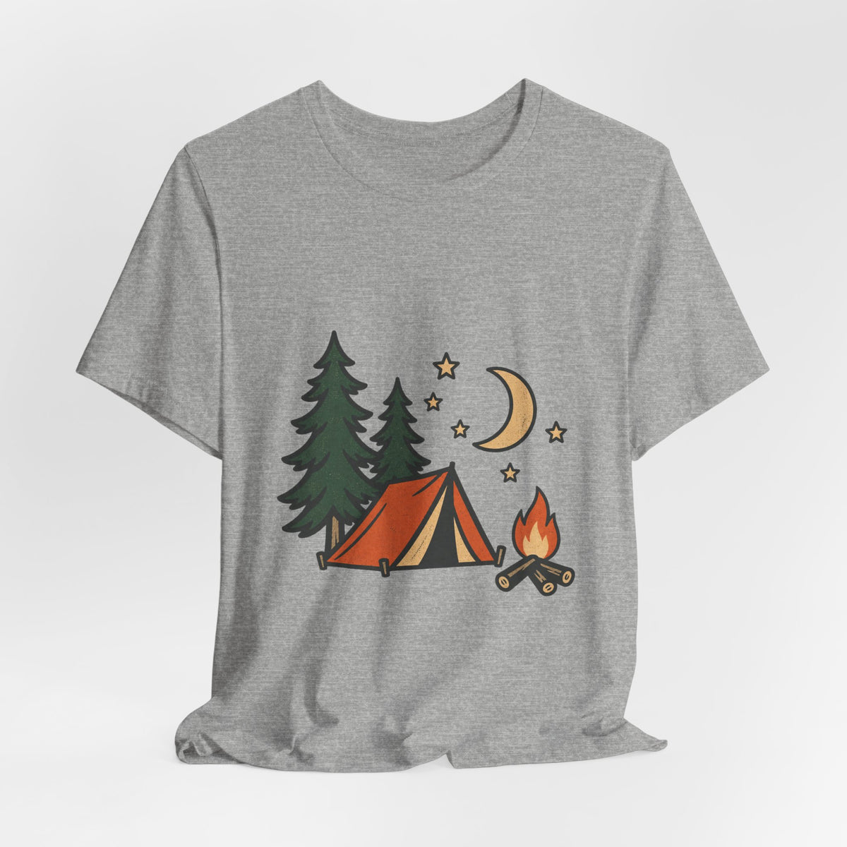 Vintage Camping Night T-Shirt with Tent, Campfire, Pine Trees, Moon and Stars