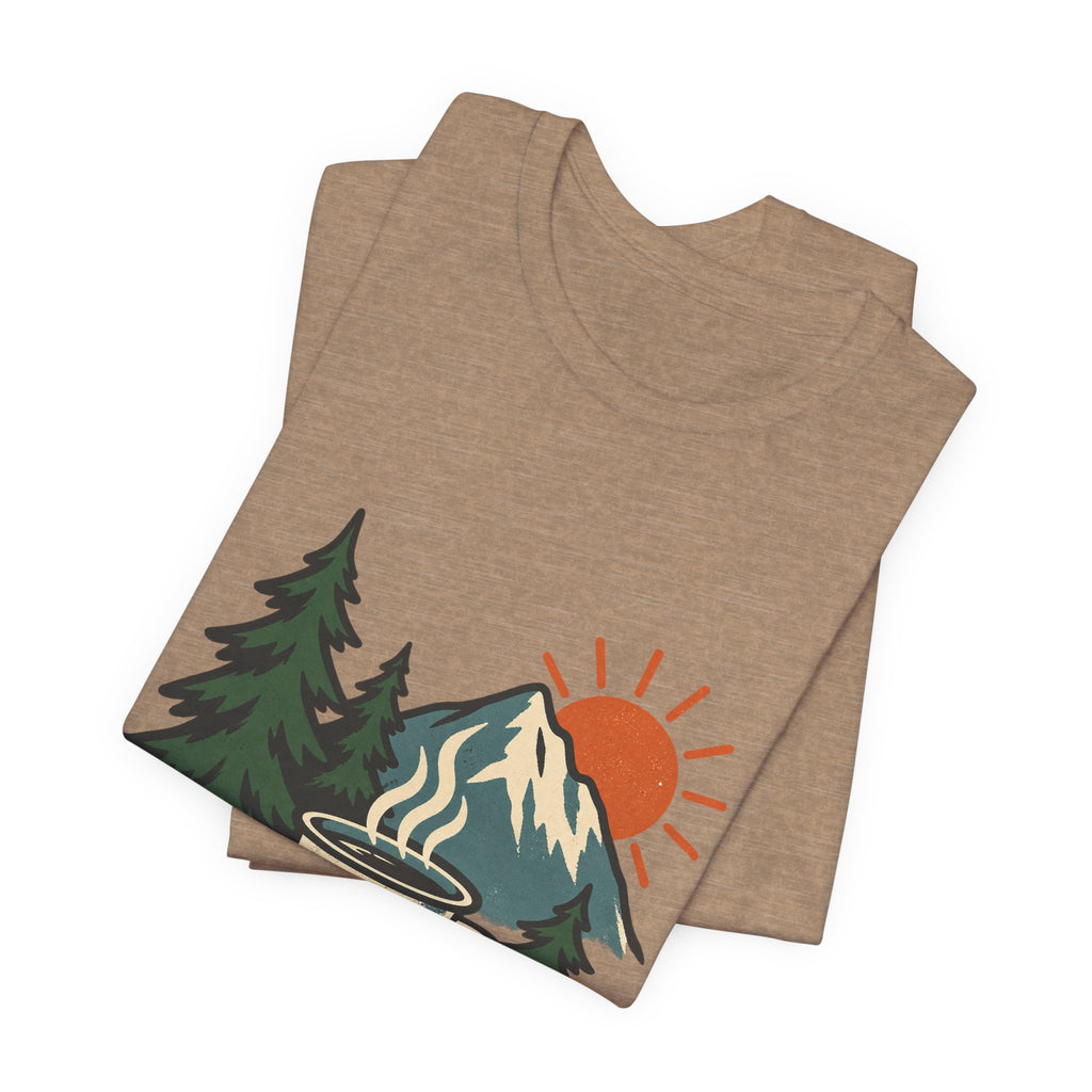 Vintage Camping Coffee Mug T-Shirt — Mountain Sunrise Outdoor Coffee Lover Tee