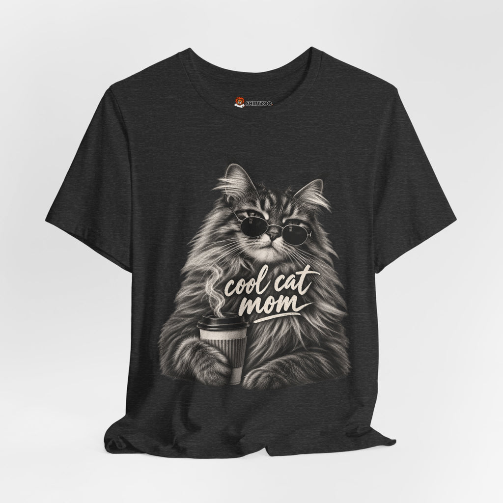 Cool Cat Mom T-Shirt — Cute Coffee Cat Graphic Tee for Cat Moms