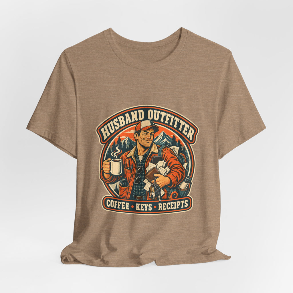 Husband Outfitter Coffee Keys Receipts T-Shirt — Retro Multitasker Husband Humor Tee