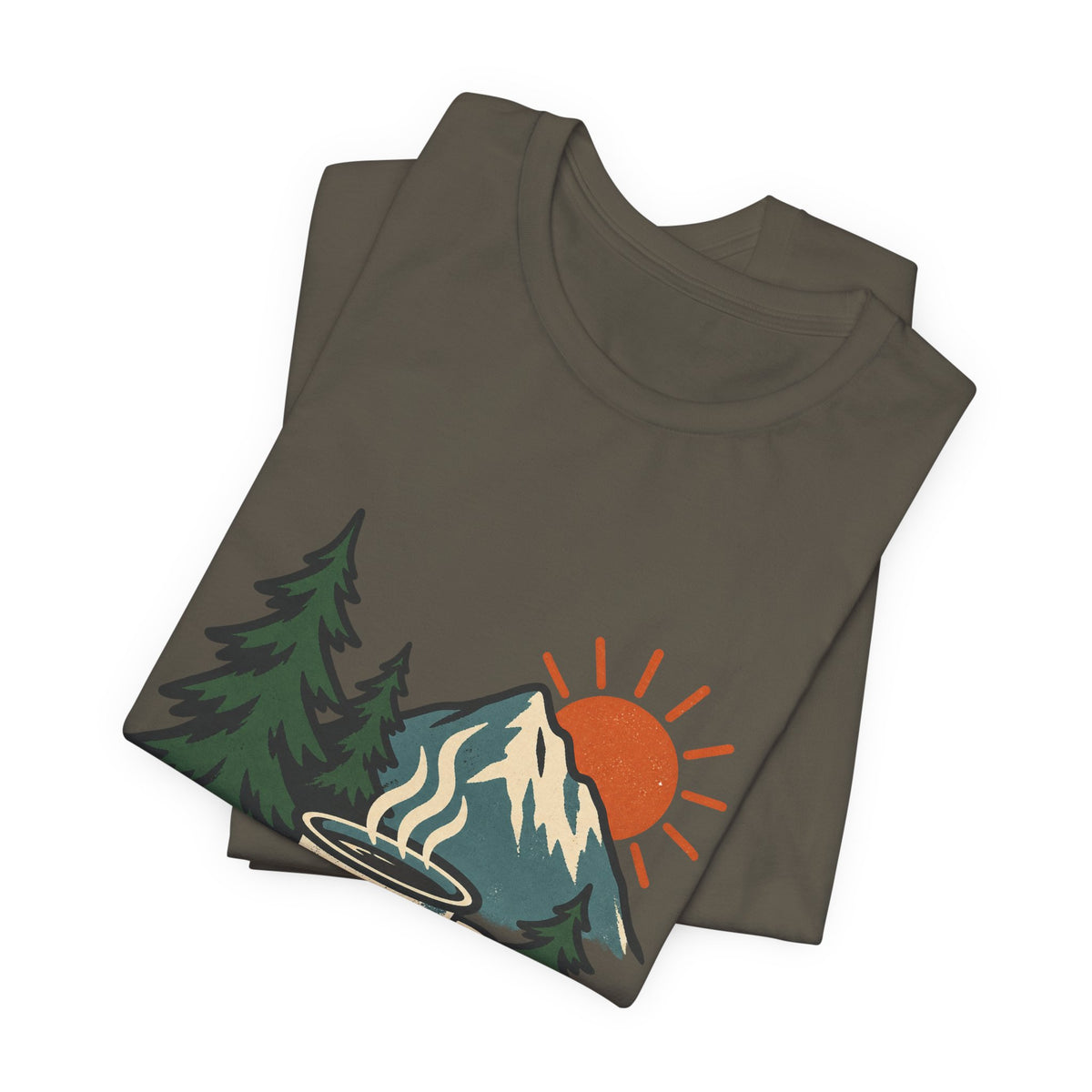 Vintage Camping Coffee Mug T-Shirt — Mountain Sunrise Outdoor Coffee Lover Tee