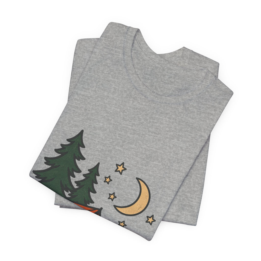 Vintage Camping Night T-Shirt with Tent, Campfire, Pine Trees, Moon and Stars