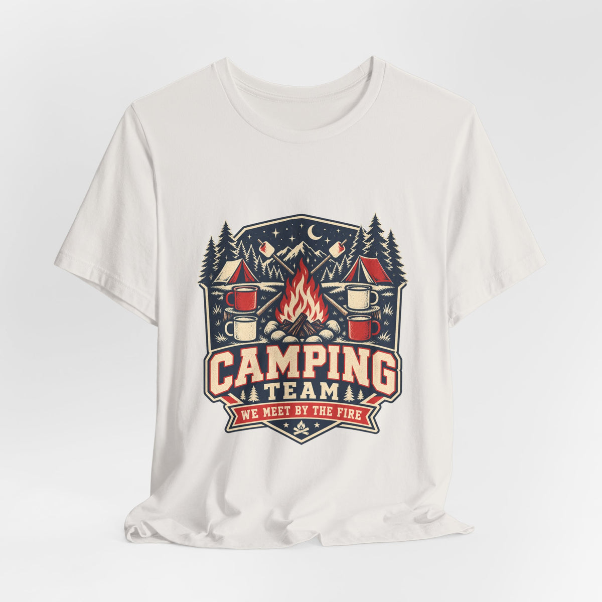 Camping Team T-Shirt — Vintage Campfire Adventure Tee with “We Meet by the Fire”