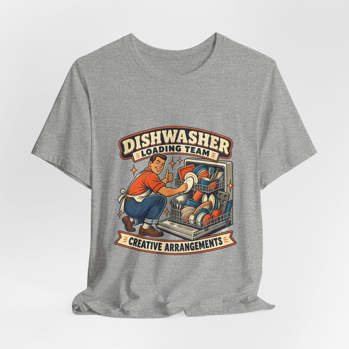 Dishwasher Loading Team T-Shirt, Creative Arrangements Retro Kitchen Humor Tee