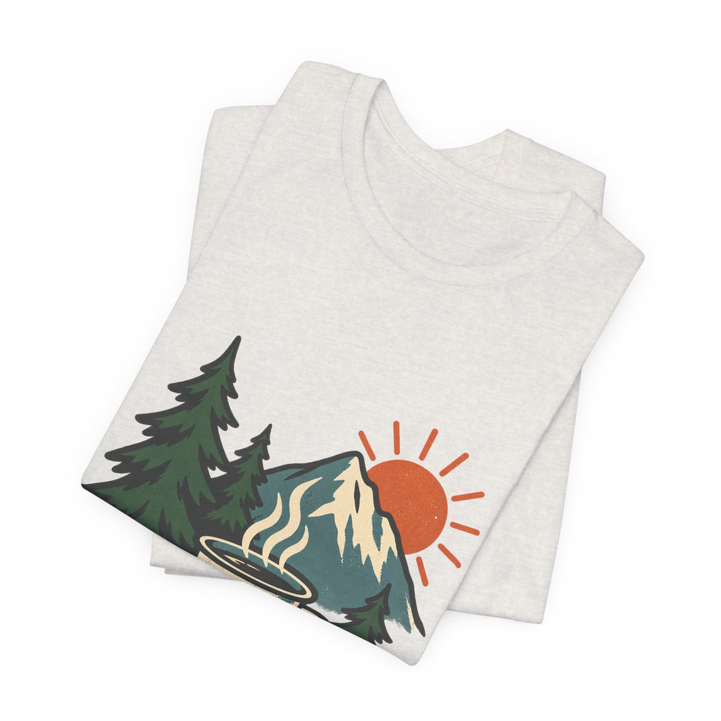 Vintage Camping Coffee Mug T-Shirt — Mountain Sunrise Outdoor Coffee Lover Tee