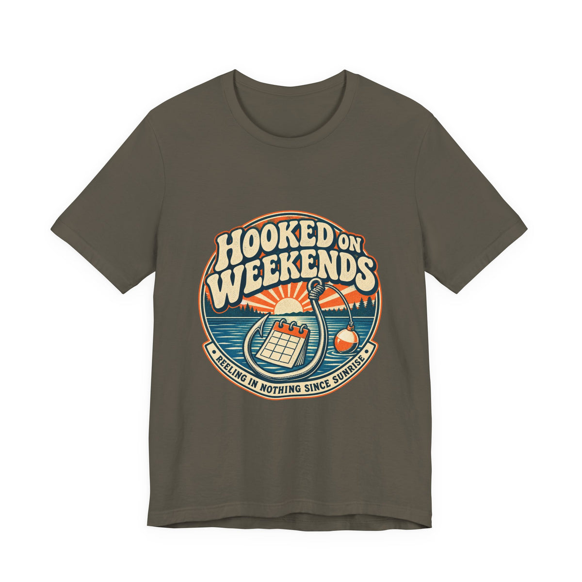 Hooked on Weekends Fishing T-Shirt — Vintage Lake Reel & Sunrise Tee