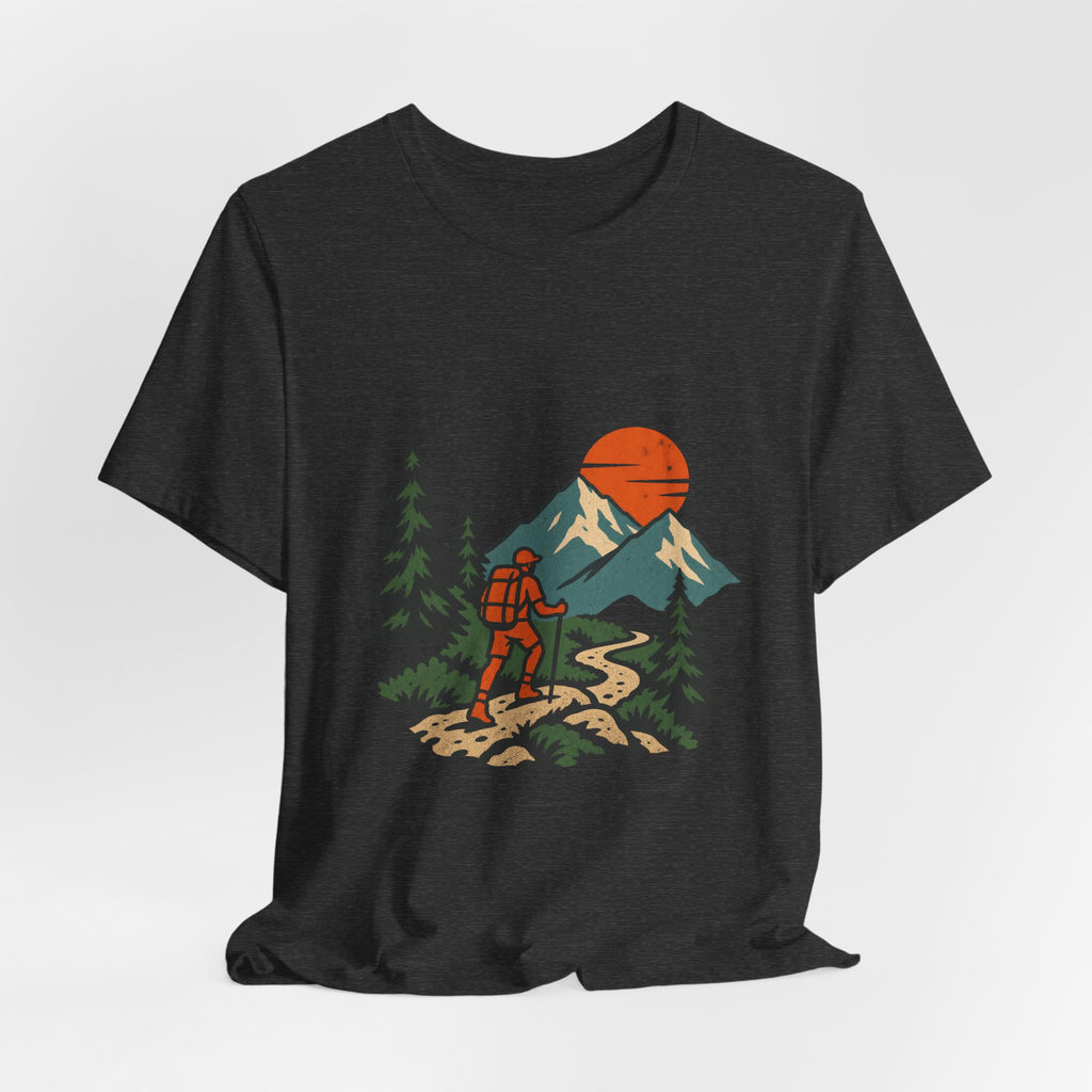 Retro Trail Hiker Mountain Sunset T-Shirt — Vintage Hiking Adventure Tee