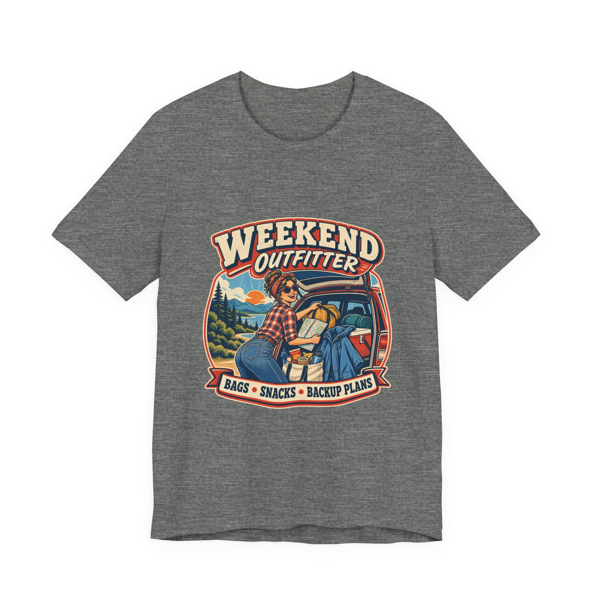 Weekend Outfitter Vintage Adventure T-Shirt — Bags Snacks Backup Plans Retro Road Trip Tee