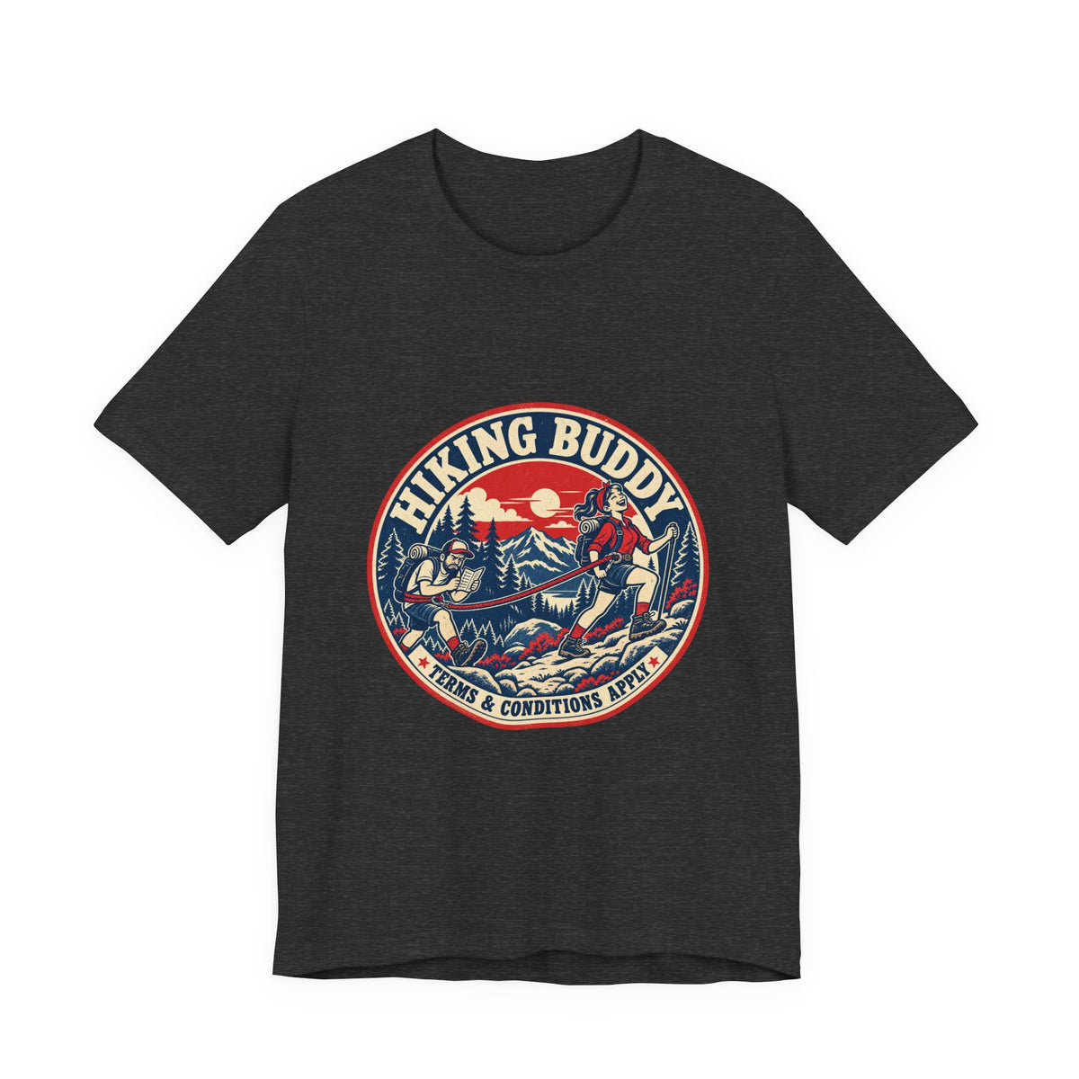 Hiking Buddy T-Shirt — Vintage Mountain Trekking Tee with Terms & Conditions Apply