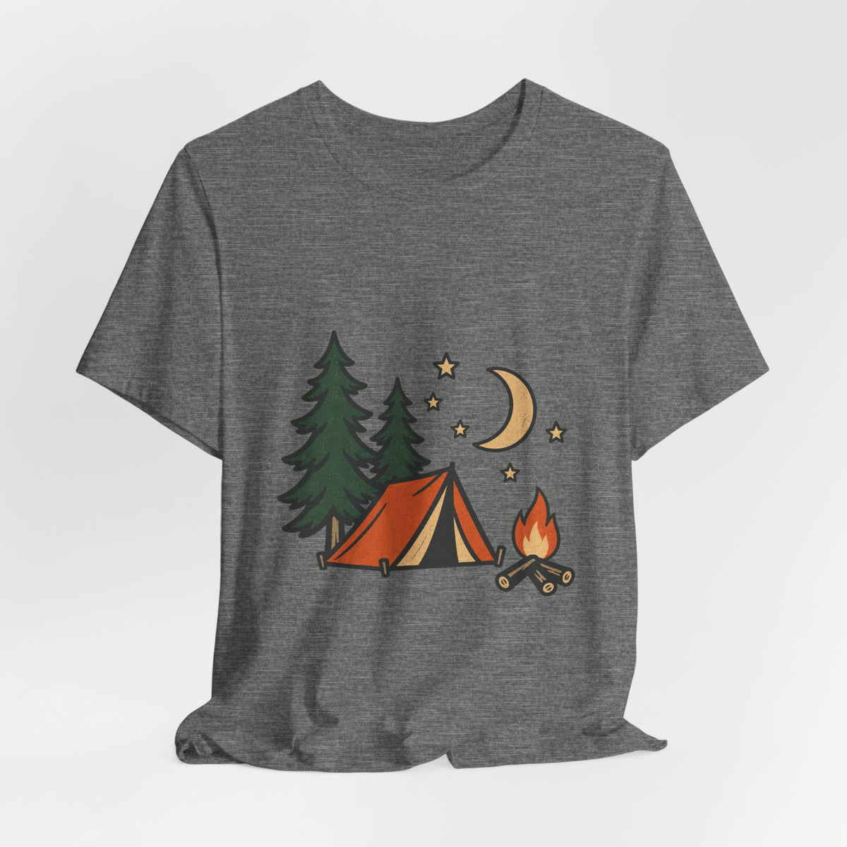 Vintage Camping Night T-Shirt with Tent, Campfire, Pine Trees, Moon and Stars