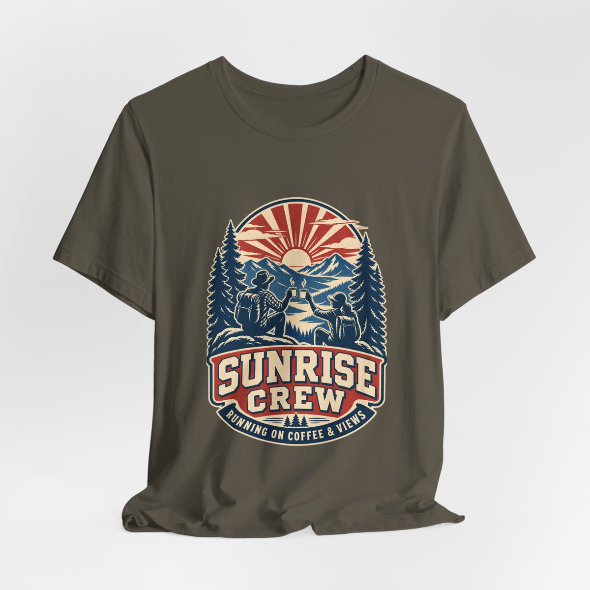 Sunrise Crew Hiking Tee — Running on Coffee & Views Vintage Mountain Shirt