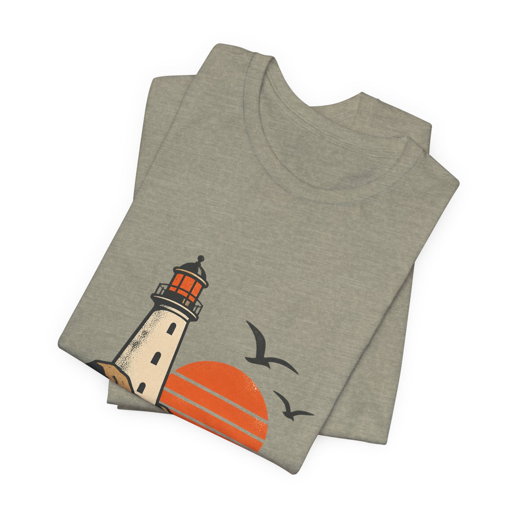 Vintage Coastal Lighthouse Sunset T-Shirt — Ocean Waves, Seagulls & Seaside Adventure