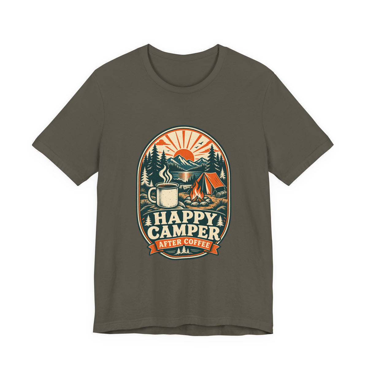 Happy Camper After Coffee T-Shirt — Vintage Camping Mug, Campfire & Mountain Tee
