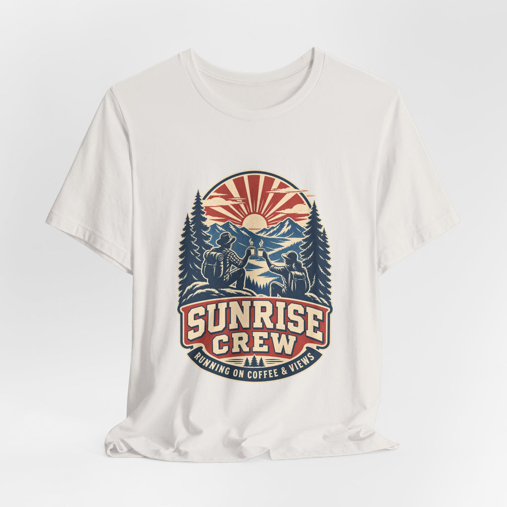 Sunrise Crew Hiking Tee — Running on Coffee & Views Vintage Mountain Shirt