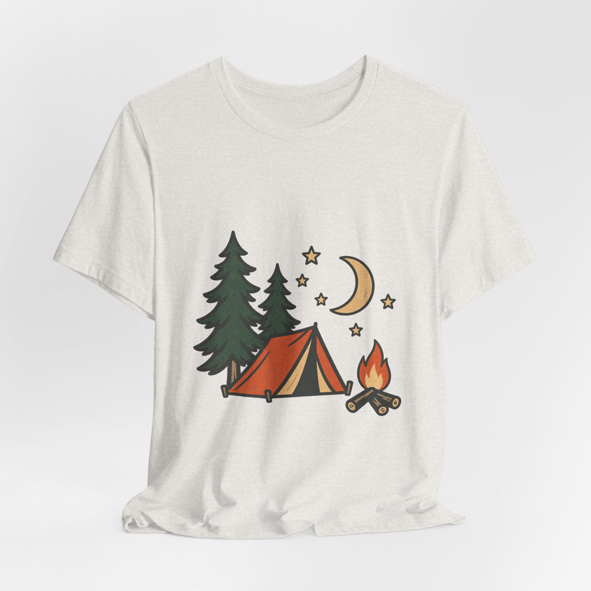 Vintage Camping Night T-Shirt with Tent, Campfire, Pine Trees, Moon and Stars