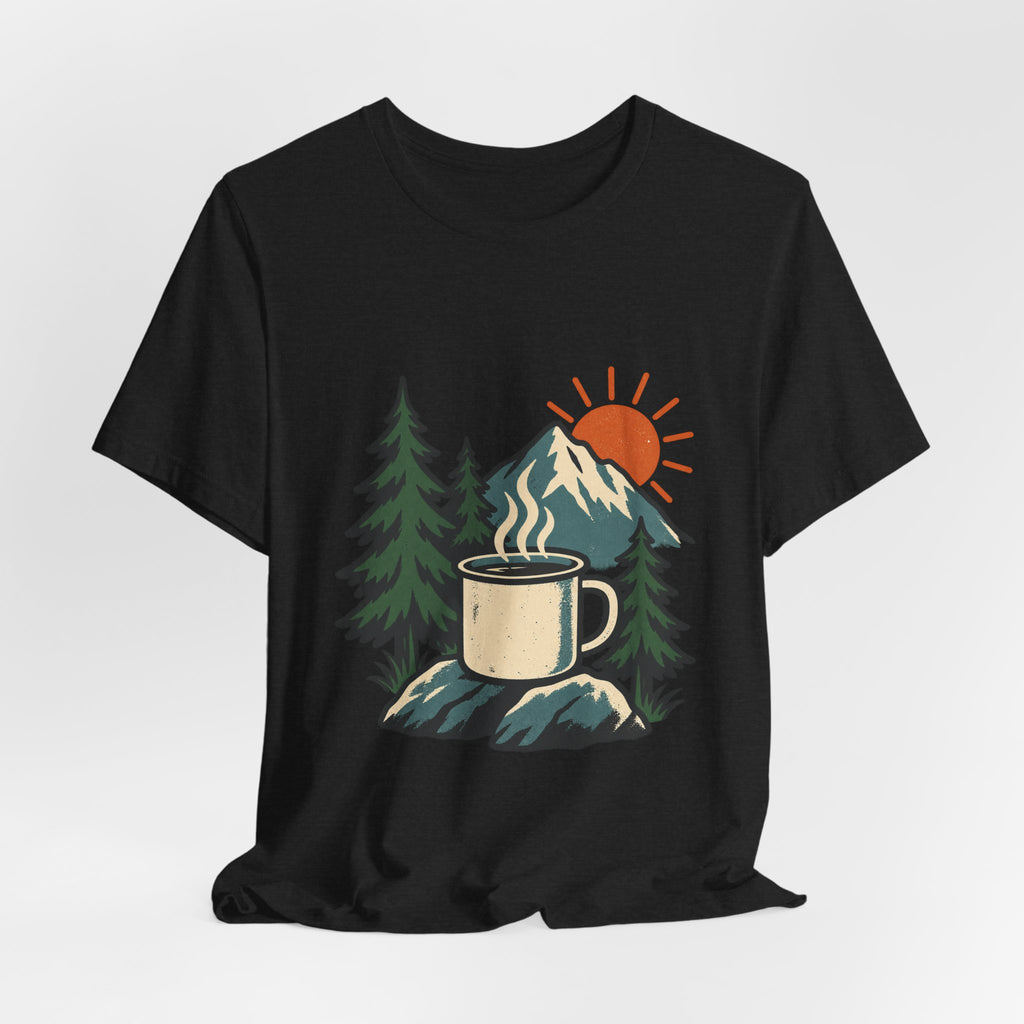 Vintage Camping Coffee Mug T-Shirt — Mountain Sunrise Outdoor Coffee Lover Tee