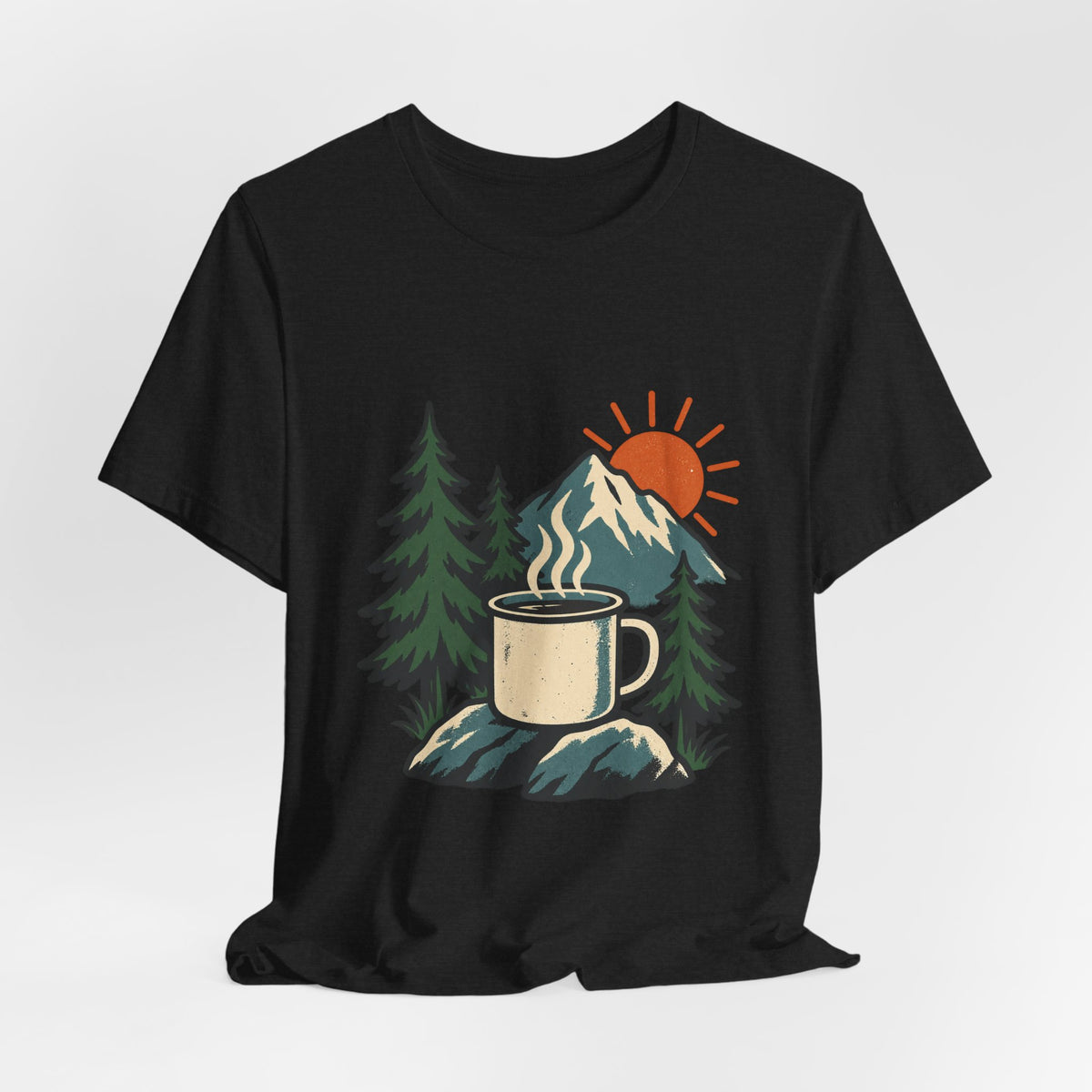 Vintage Camping Coffee Mug T-Shirt — Mountain Sunrise Outdoor Coffee Lover Tee