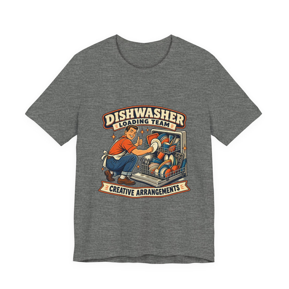 Dishwasher Loading Team T-Shirt, Creative Arrangements Retro Kitchen Humor Tee