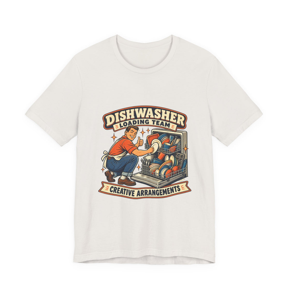 Dishwasher Loading Team T-Shirt, Creative Arrangements Retro Kitchen Humor Tee