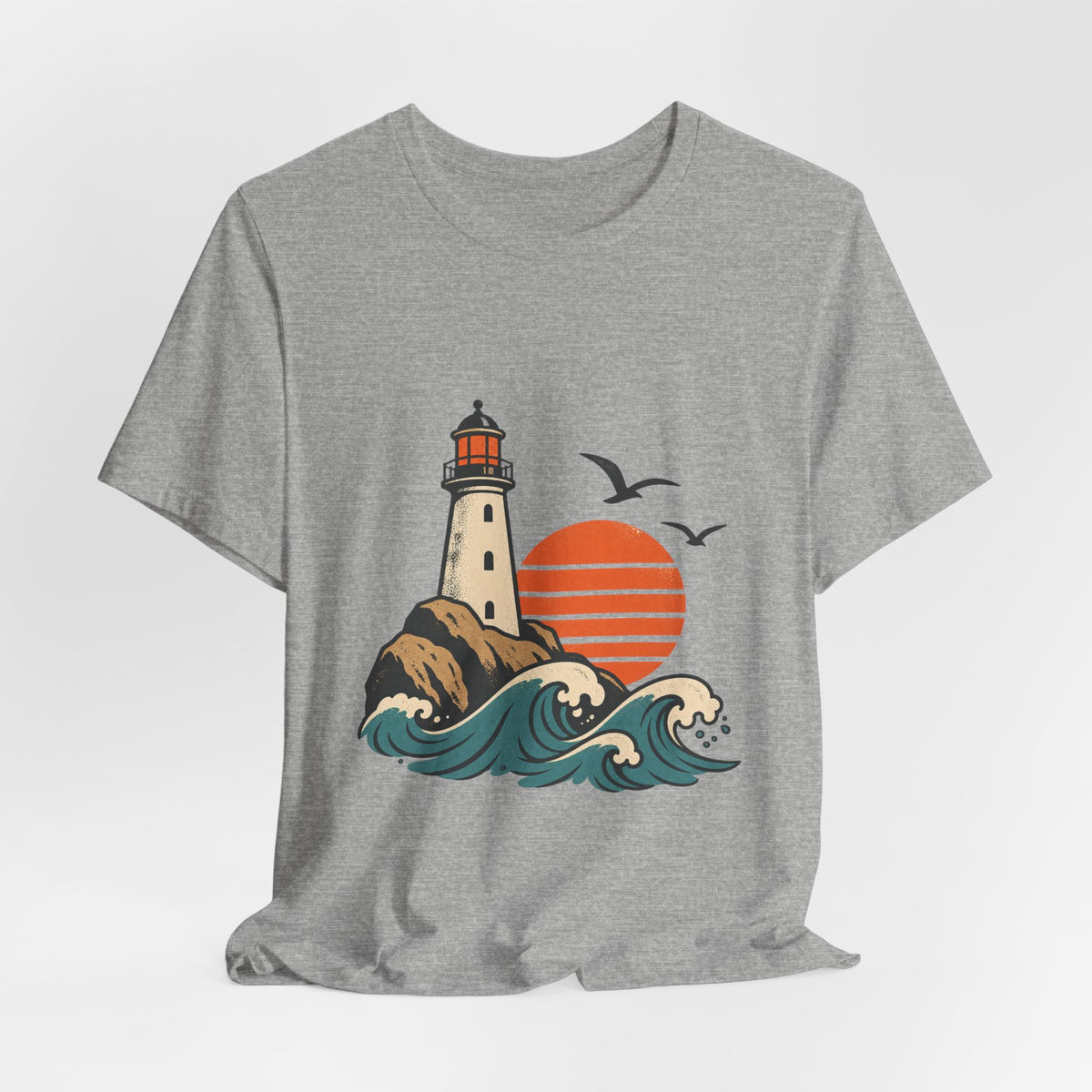 Vintage Coastal Lighthouse Sunset T-Shirt — Ocean Waves, Seagulls & Seaside Adventure