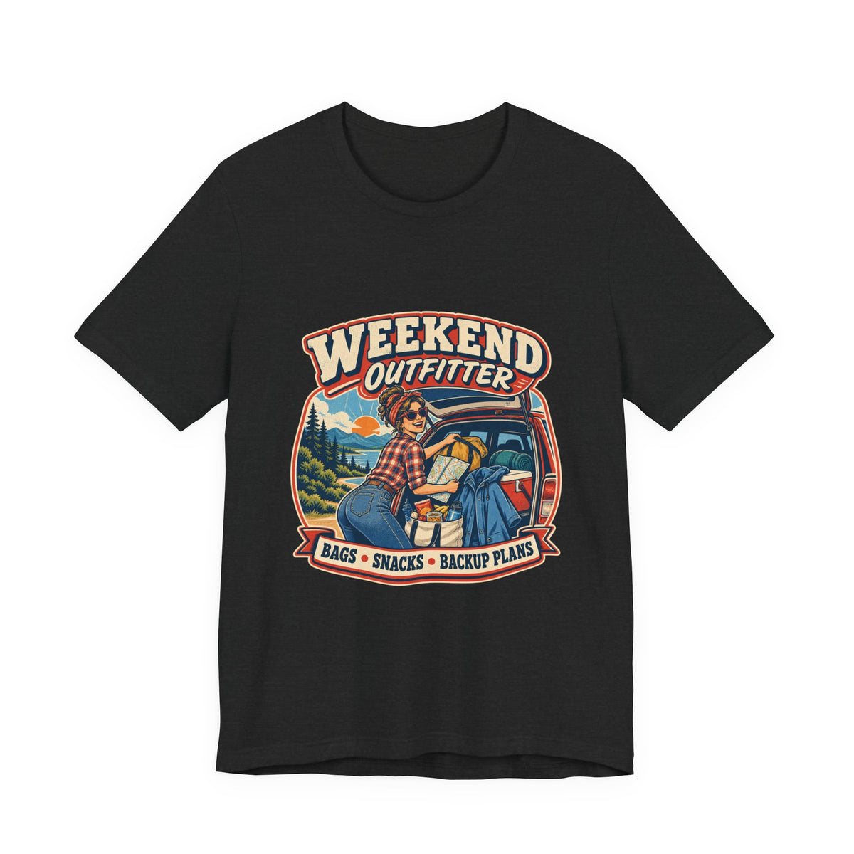 Weekend Outfitter Vintage Adventure T-Shirt — Bags Snacks Backup Plans Retro Road Trip Tee