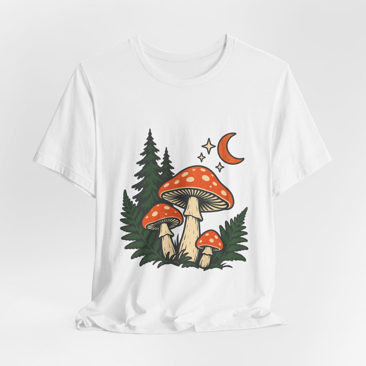 Vintage Mushroom Moon T-Shirt — Enchanted Forest Fungi Night Design