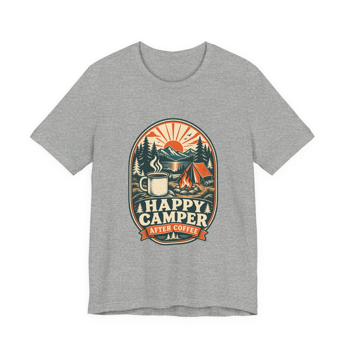 Happy Camper After Coffee T-Shirt — Vintage Camping Mug, Campfire & Mountain Tee